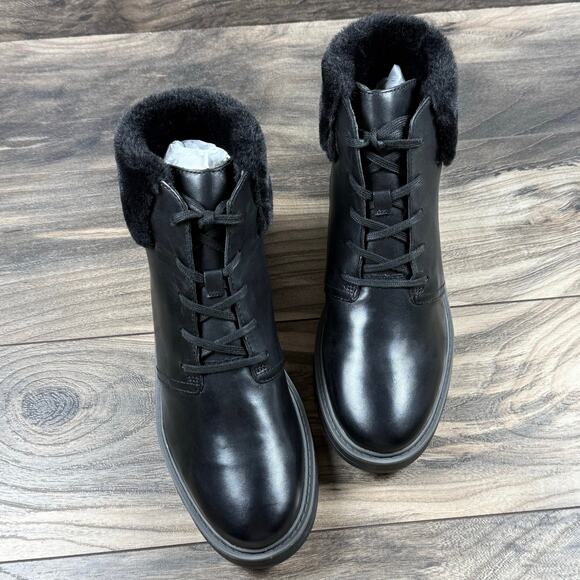 Clarks Leighly Lace 8.5M Black Leather Faux Fur Cuff Comfort Ankle Boots Booties - Picture 3 of 10